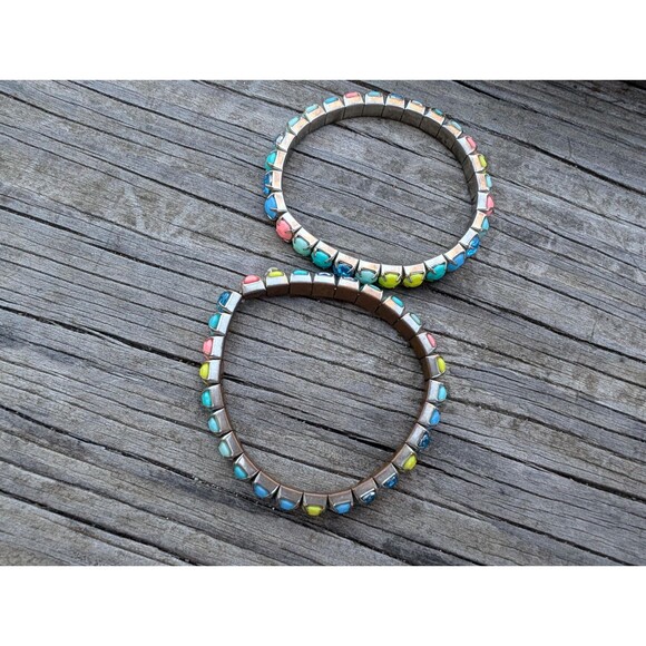 Vintage Rhinestone Stretch Bracelet, 80s Pastel Bracelet Set - Picture 8 of 10